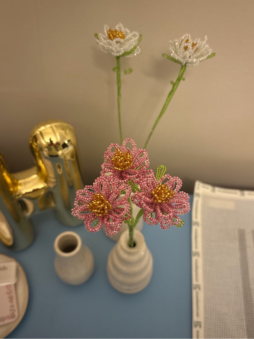Handcrafted Pink and White Beaded Flower Arrangement - Home Accents